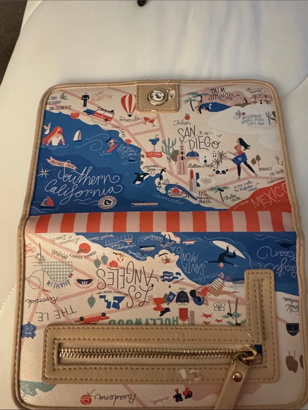 Spartina 449 Southern California Map Foldover Cosmetic Clutch in Blue and Tan.